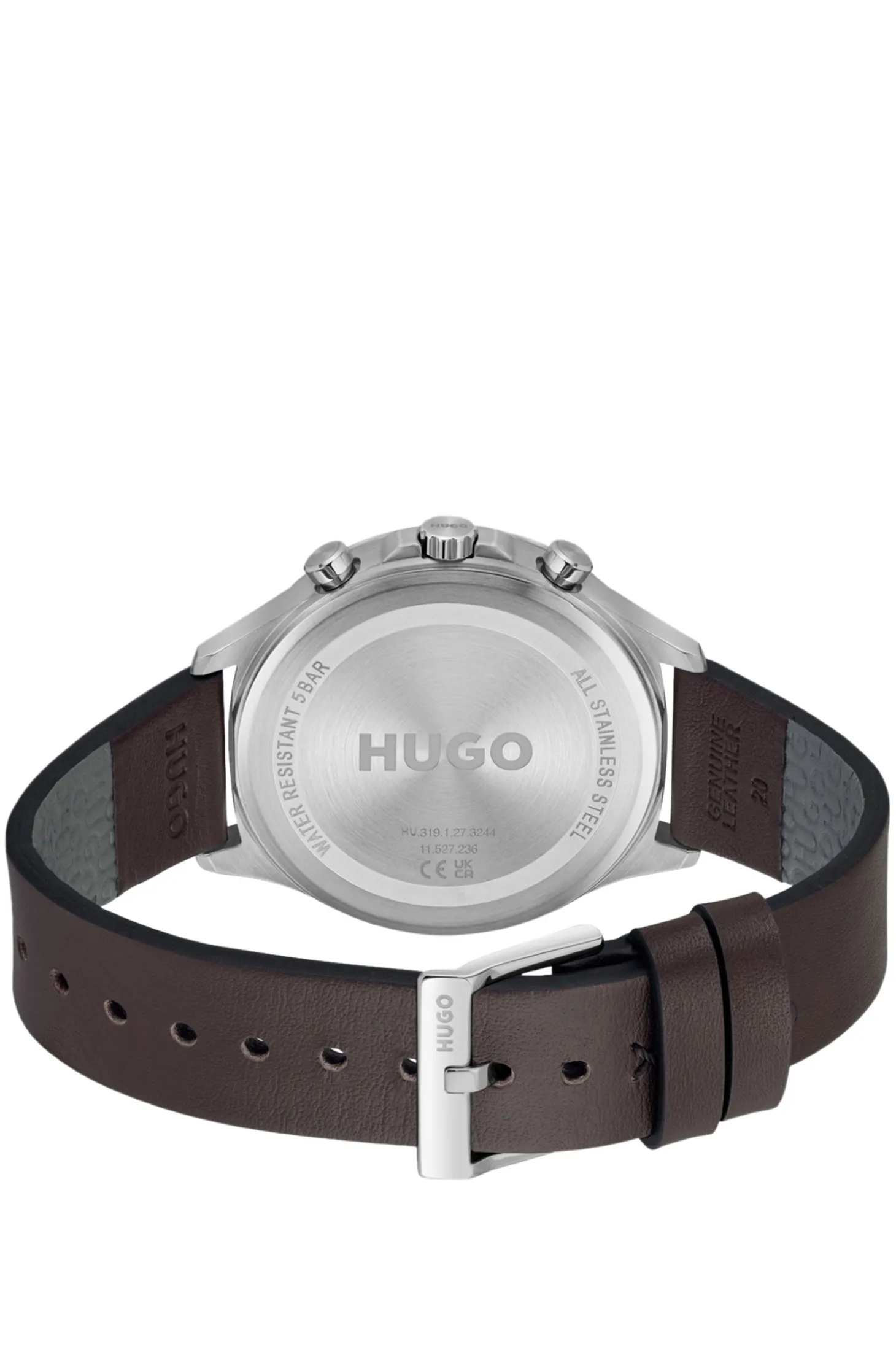 Silver-tone watch with brown leather strap