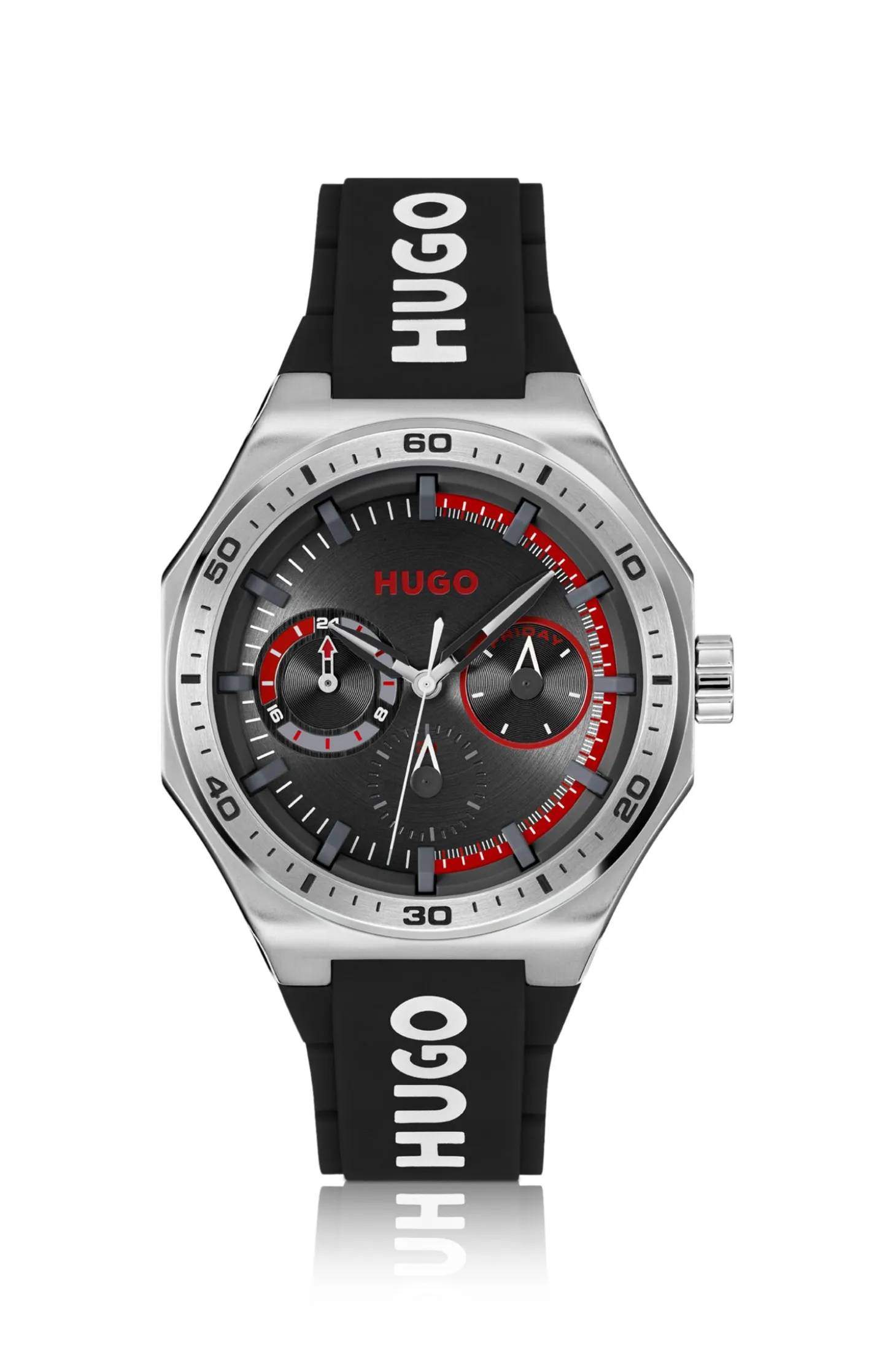 Silver-tone watch with silicone logo strap
