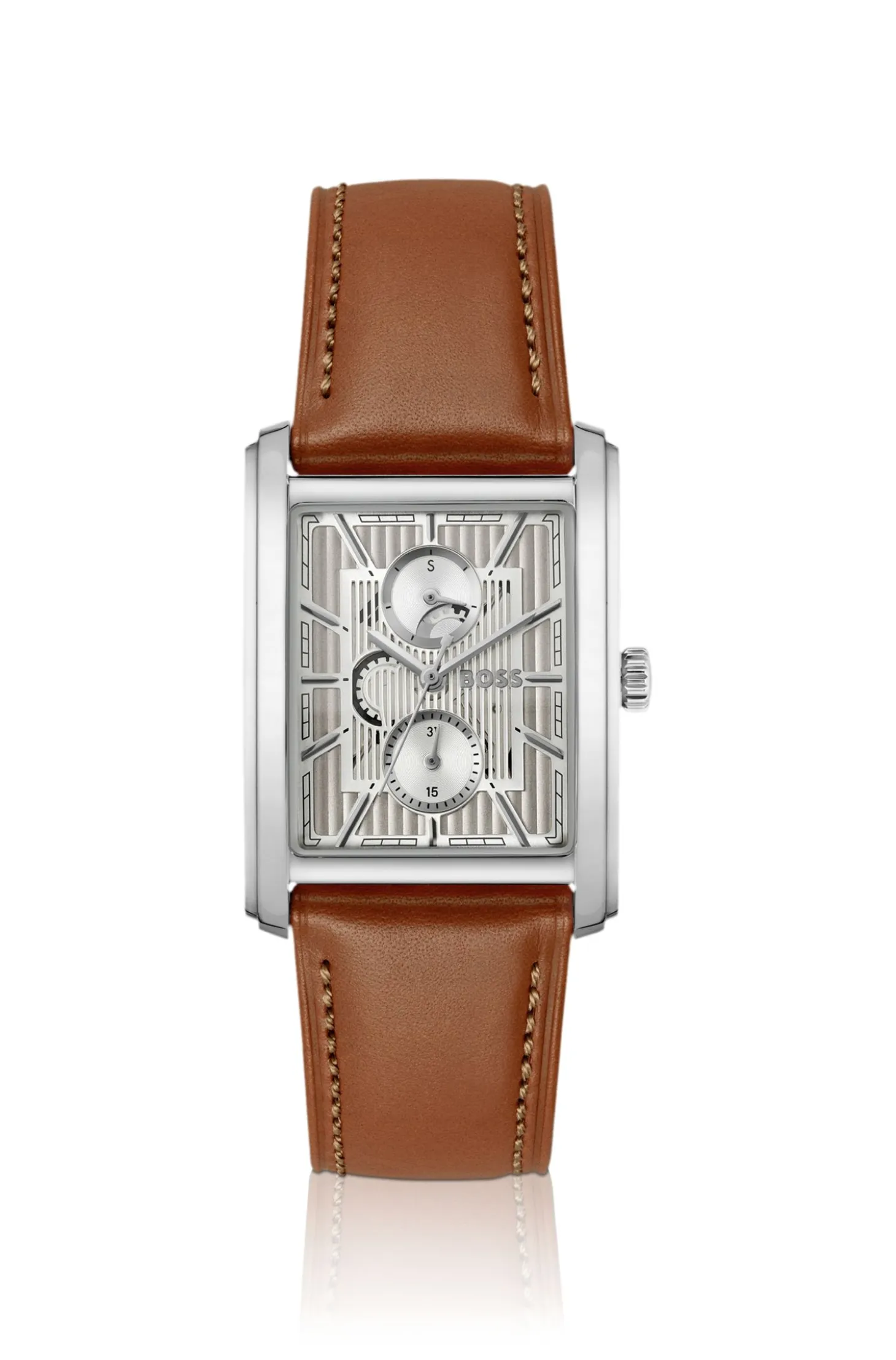 Silver-tone watch with textured skeleton dial