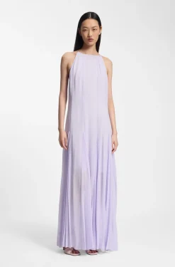 Sleeveless dress with plissé skirt inserts
