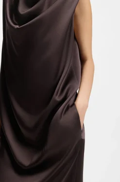 Sleeveless maxi dress in sable satin