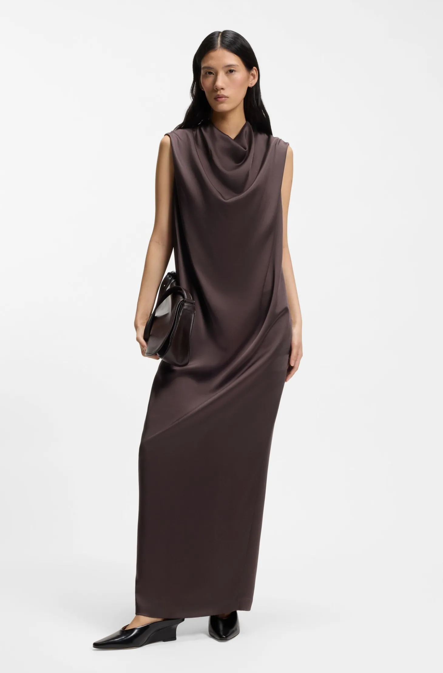Sleeveless maxi dress in sable satin