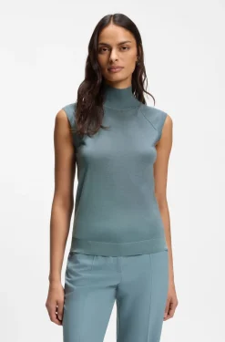 Sleeveless mock-neck sweater in merino wool