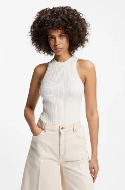 Sleeveless racer-back top in ribbed crepe fabric