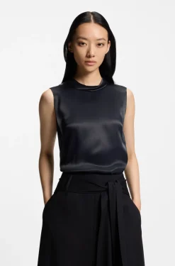 Sleeveless sateen top with keyhole rear closure