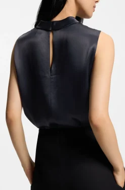 Sleeveless sateen top with keyhole rear closure