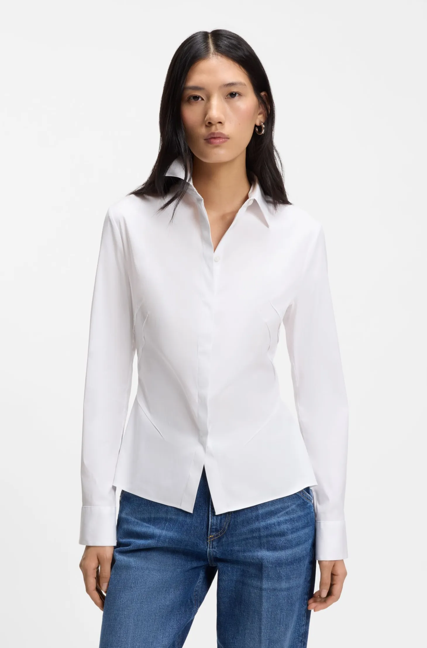 Slim-fit blouse in easy-iron cotton-blend poplin