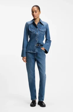 Slim-fit blouse in rigid crosshatch denim