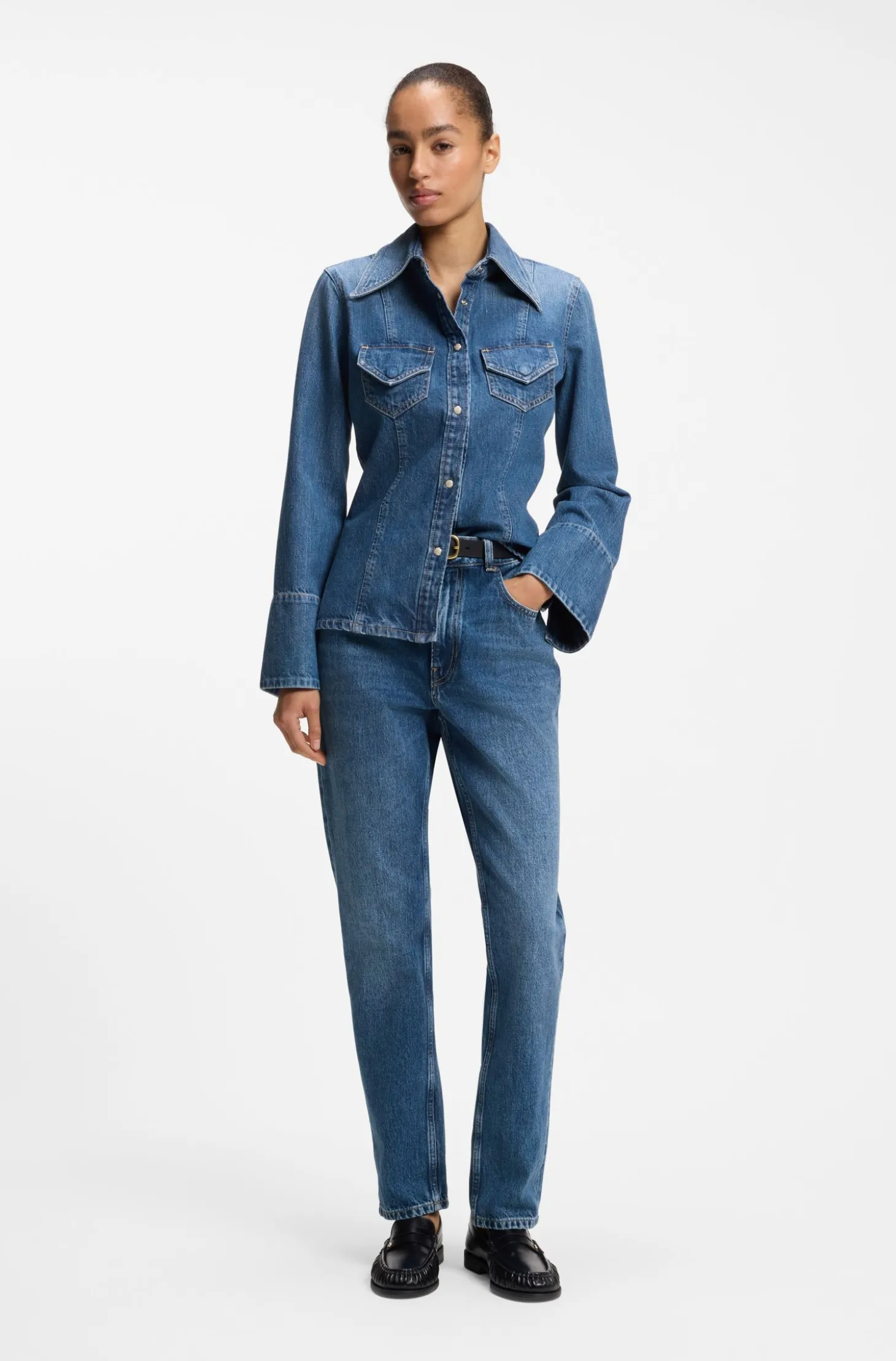 Slim-fit blouse in rigid crosshatch denim