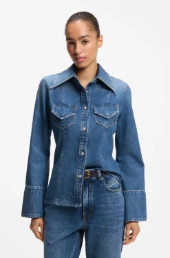 Slim-fit blouse in rigid crosshatch denim