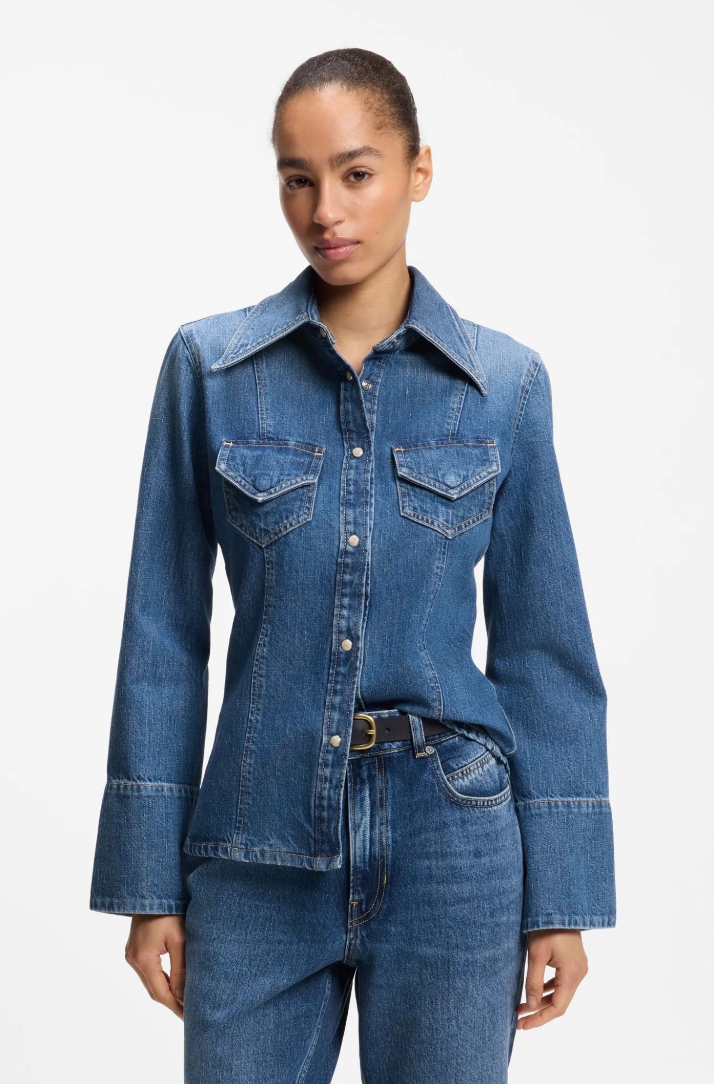 Slim-fit blouse in rigid crosshatch denim