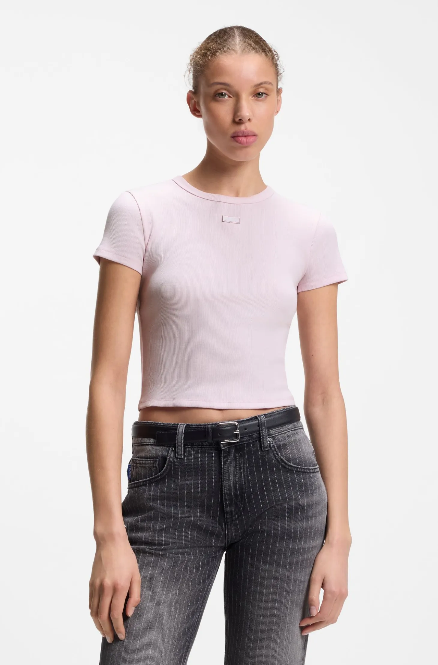 Slim-fit cropped T-shirt in stretch cotton