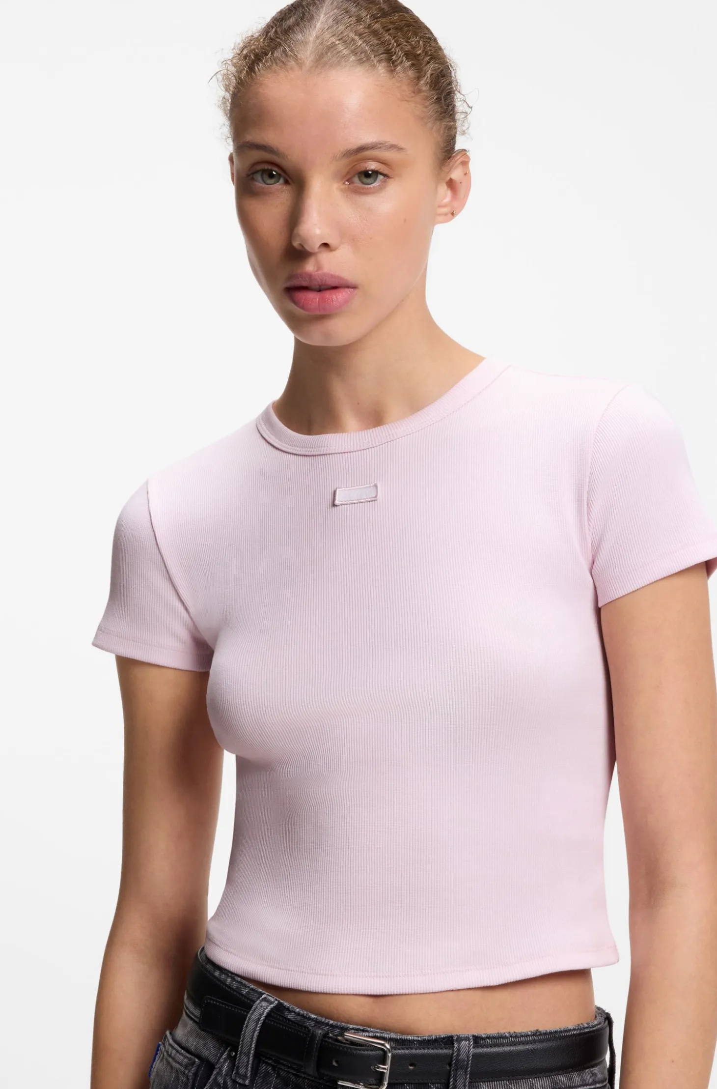 Slim-fit cropped T-shirt in stretch cotton