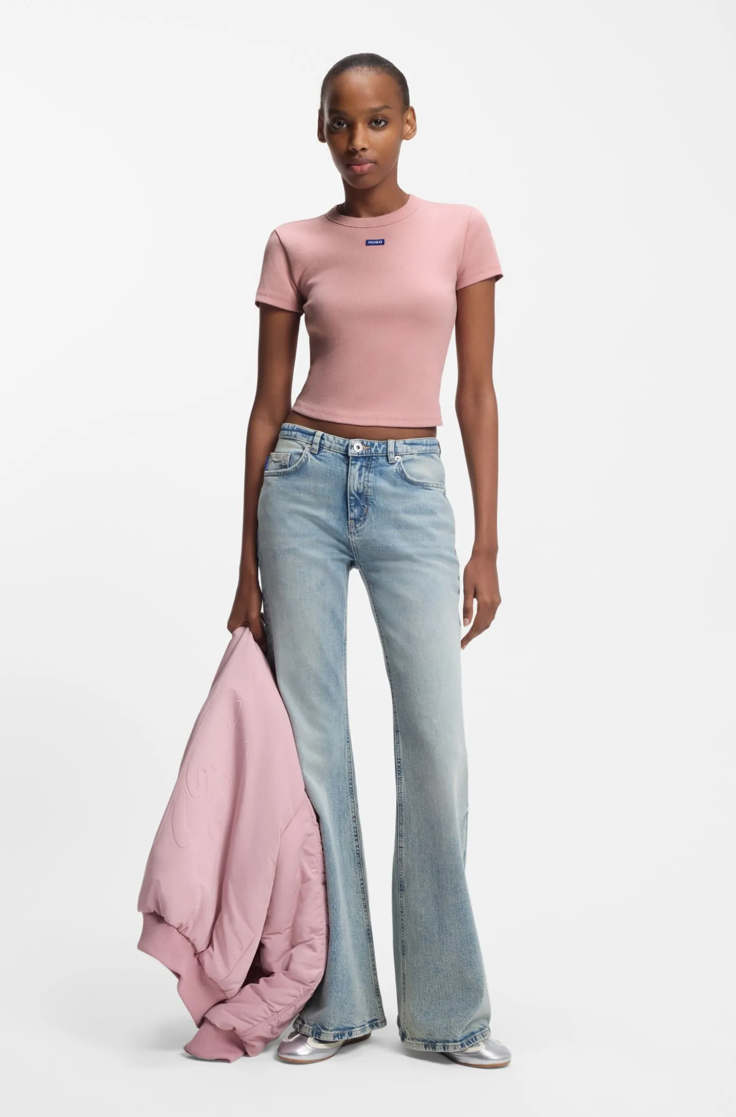 Slim-fit cropped T-shirt in stretch cotton