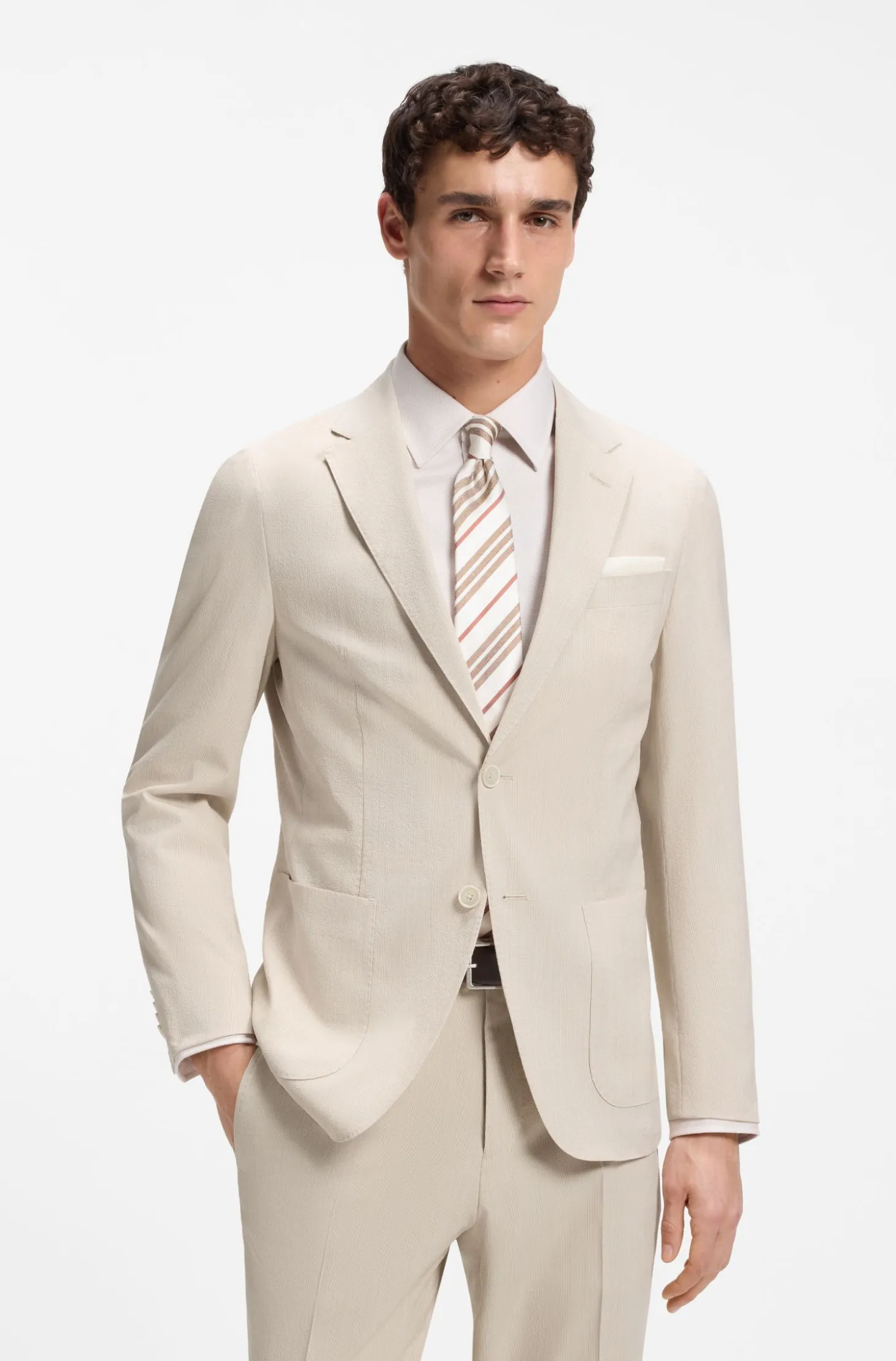 Slim-fit jacket in wool-blend seersucker