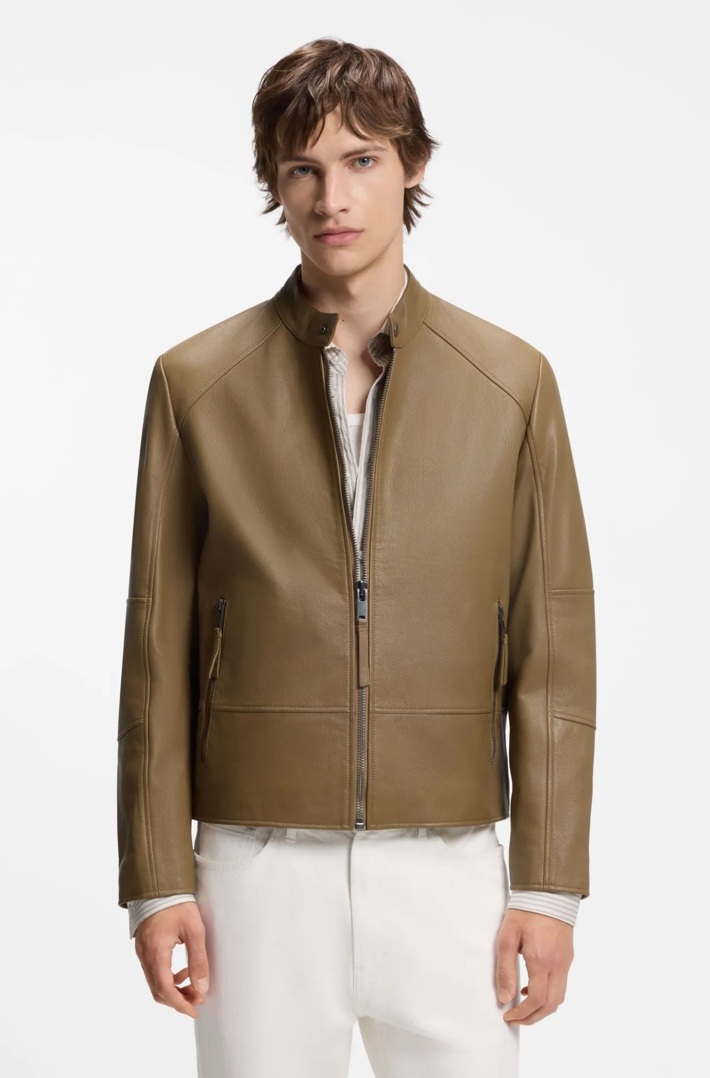 Slim-fit racer jacket in smooth leather