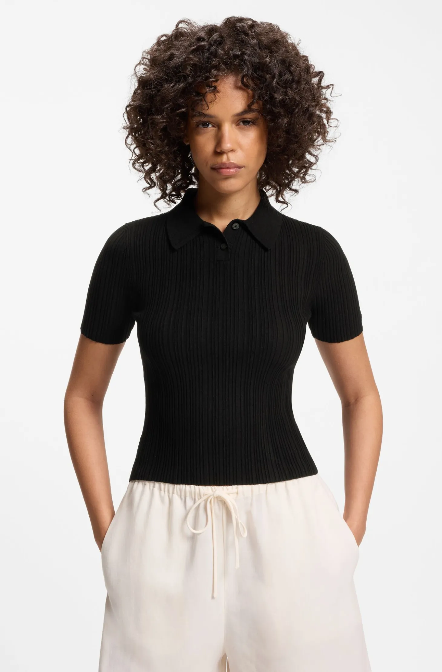 Slim-fit ribbed sweater with polo collar