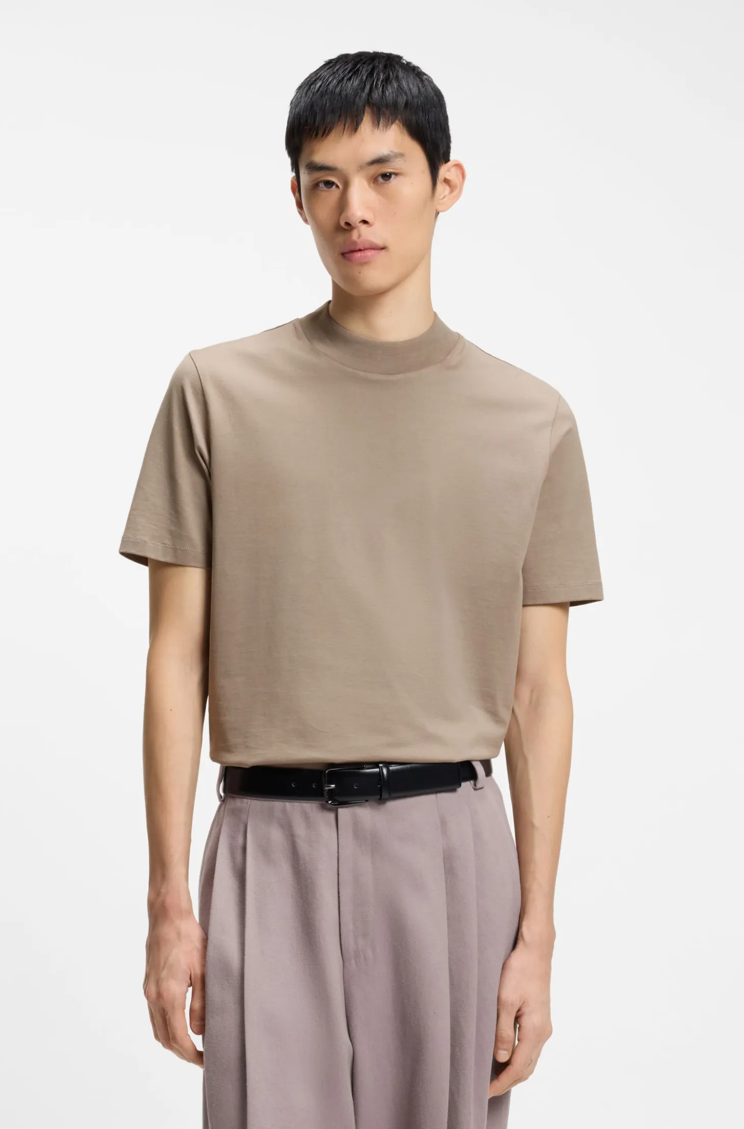 Slim-fit T-shirt in stretch cotton with stand collar