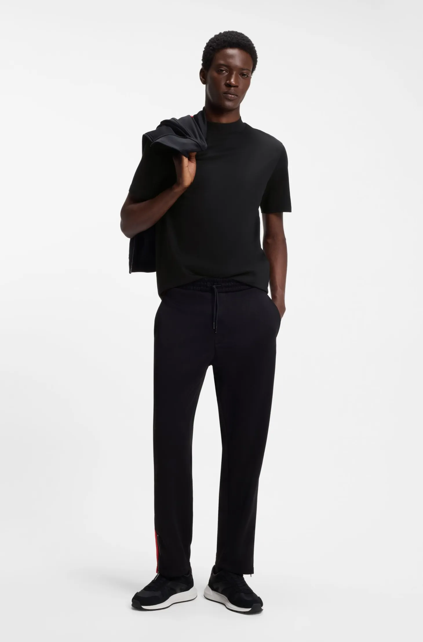Slim-fit T-shirt in stretch cotton with stand collar