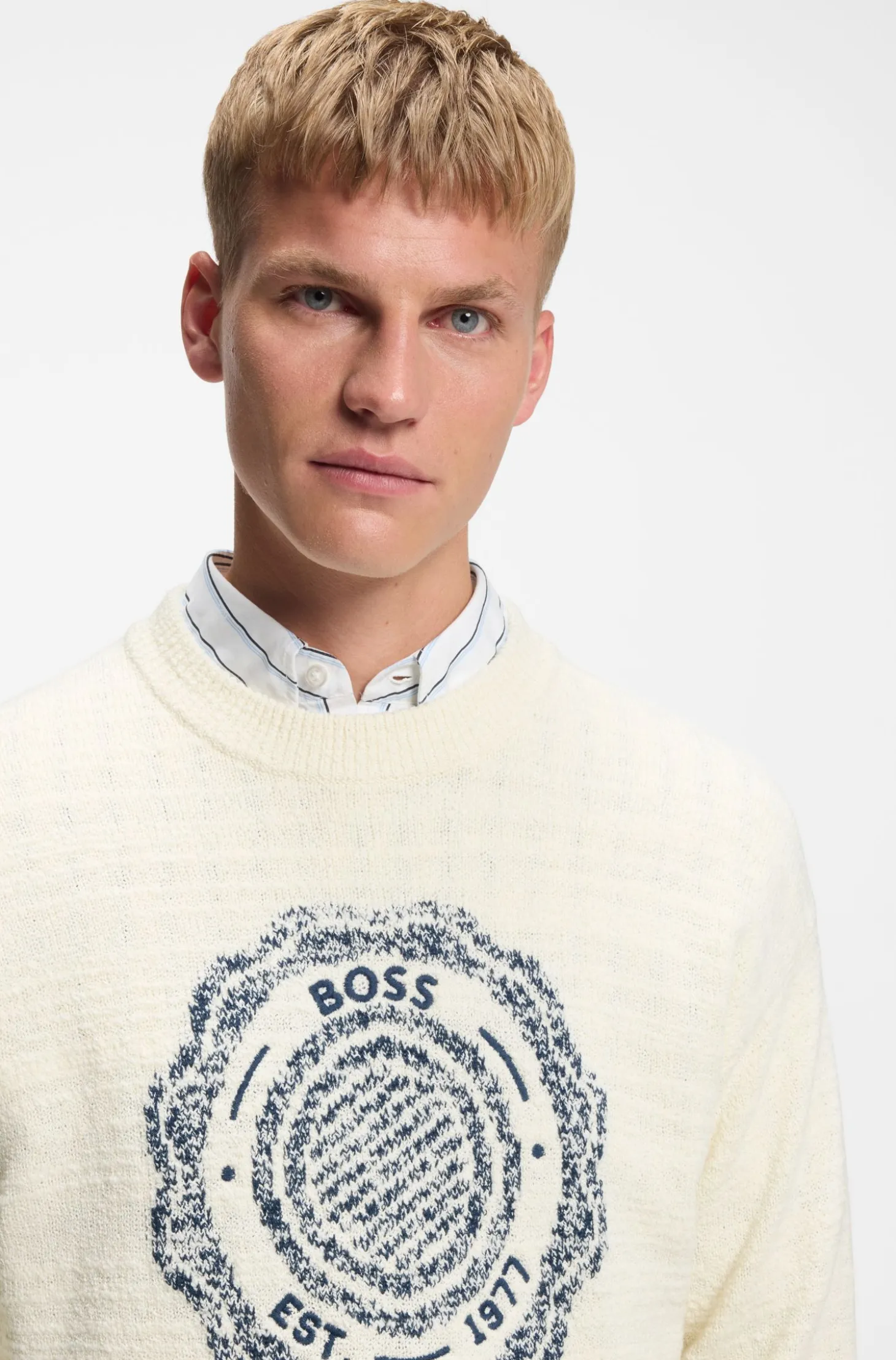Slub-knit sweater with crest-logo intarsia