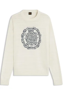 Slub-knit sweater with crest-logo intarsia