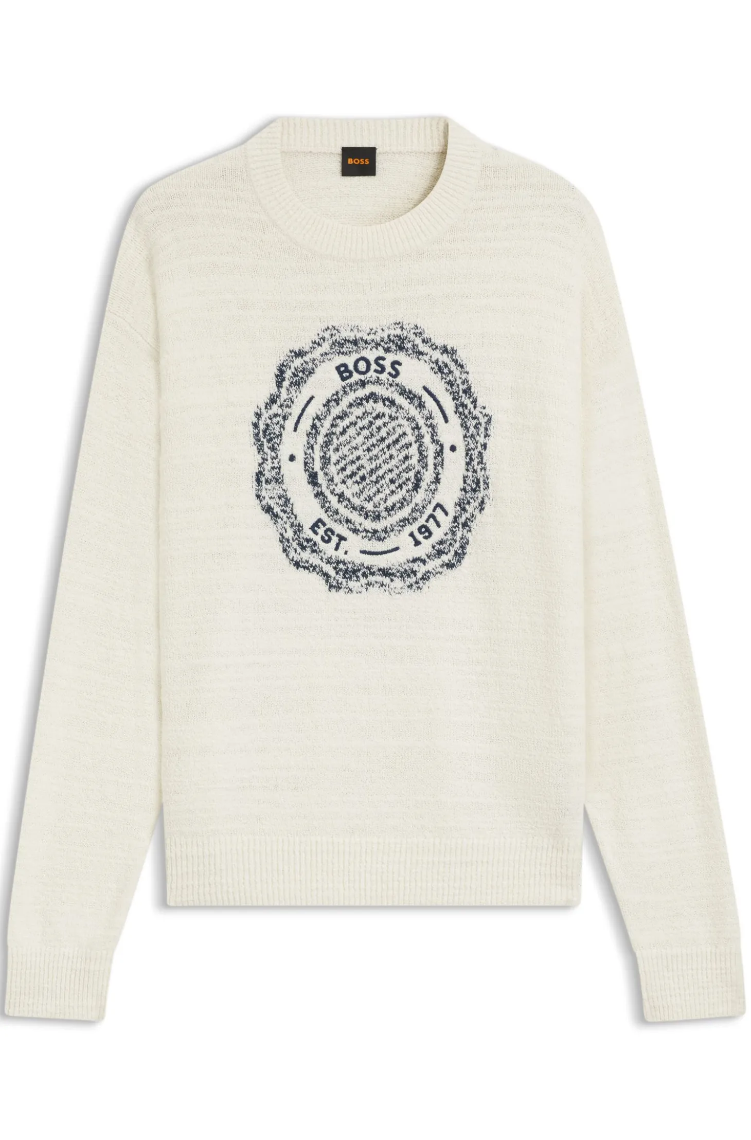 Slub-knit sweater with crest-logo intarsia