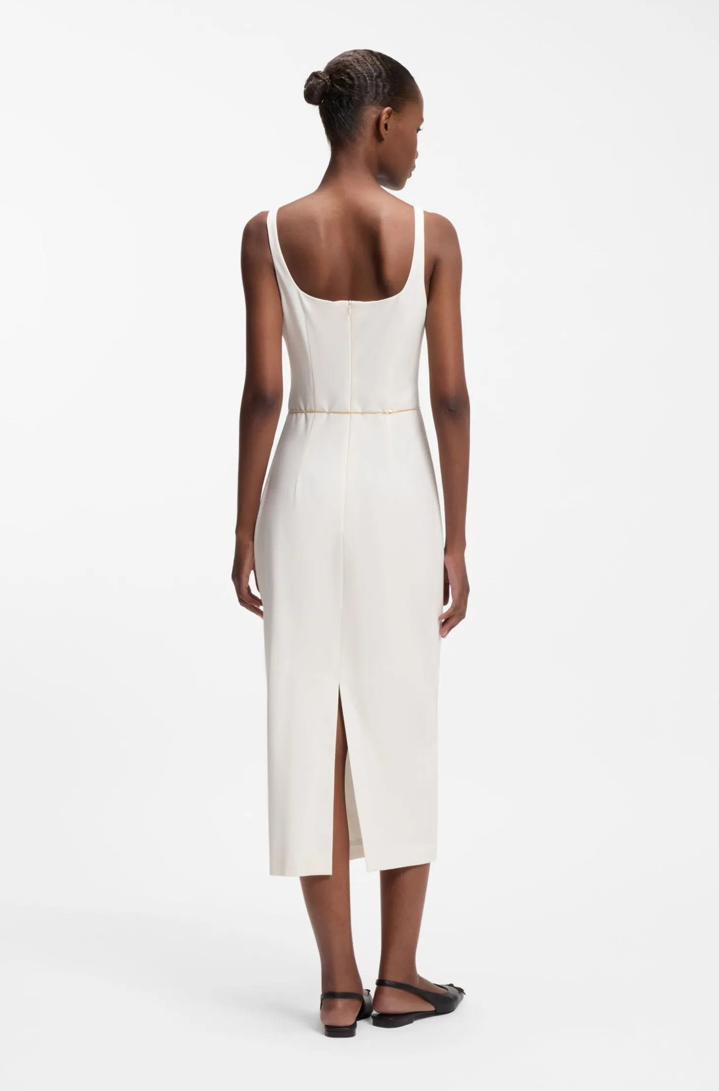 Square-neck dress with golden chain belt