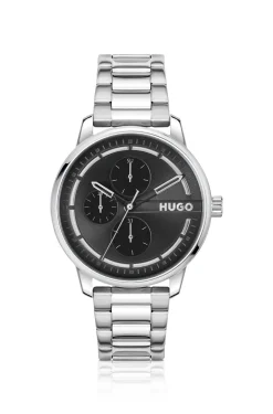 Stainless-steel link-bracelet watch with black dial