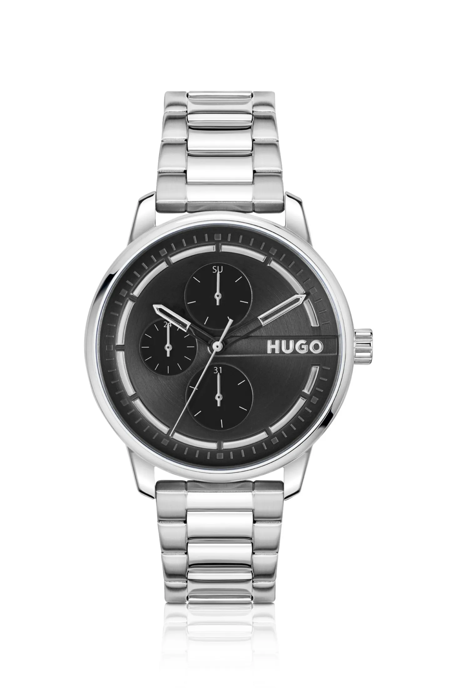 Stainless-steel link-bracelet watch with black dial