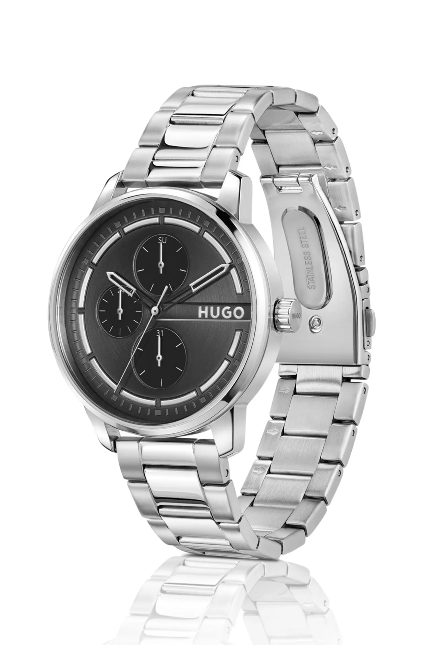 Stainless-steel link-bracelet watch with black dial