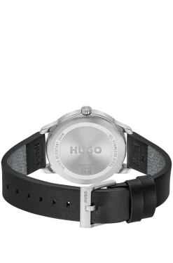 Stainless-steel watch with black leather strap