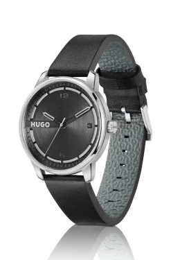 Stainless-steel watch with black leather strap