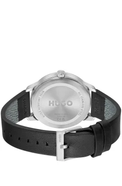 Stainless-steel watch with black dial and leather strap