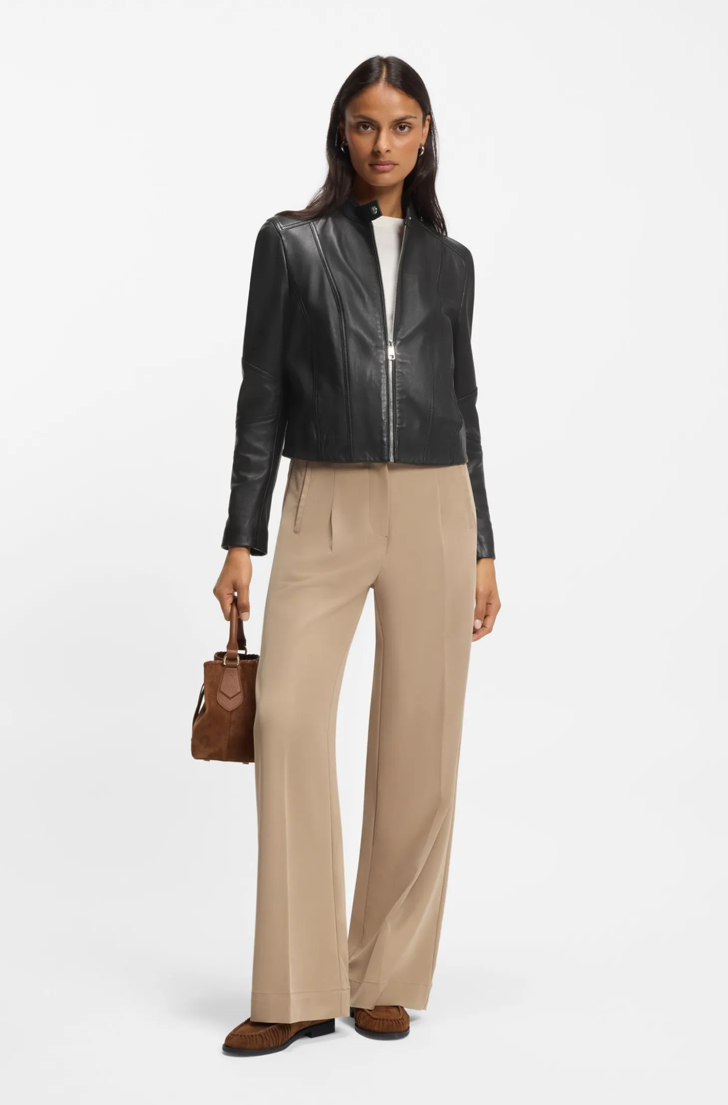 Stand-collar biker jacket in soft leather