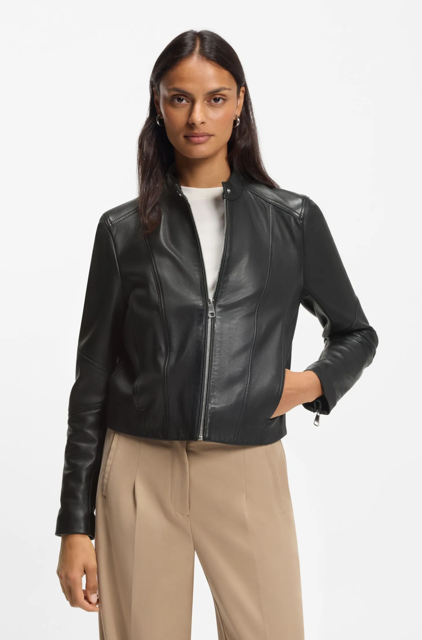 Stand-collar biker jacket in soft leather