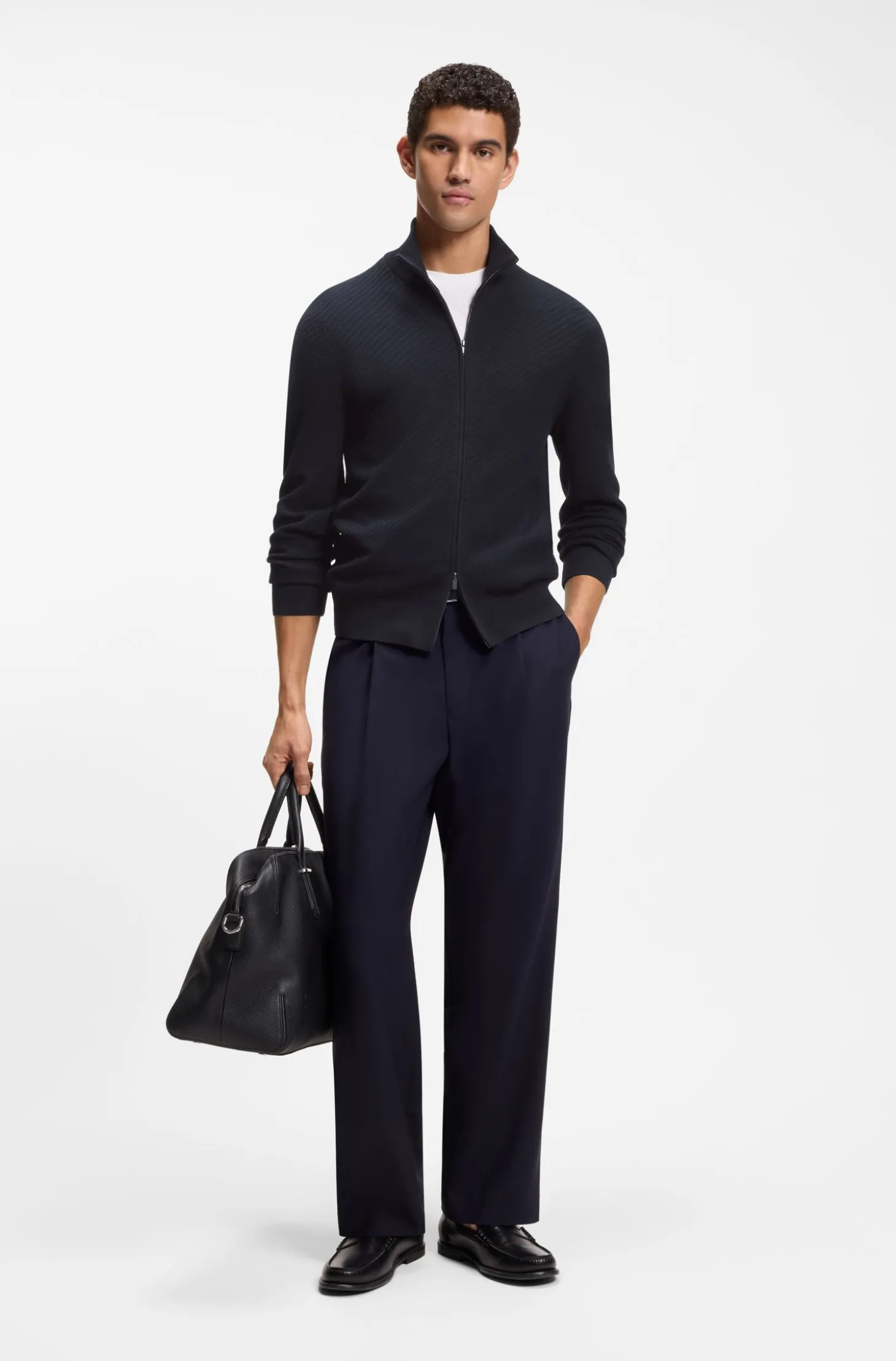Stand-collar cotton cardigan with zip closure