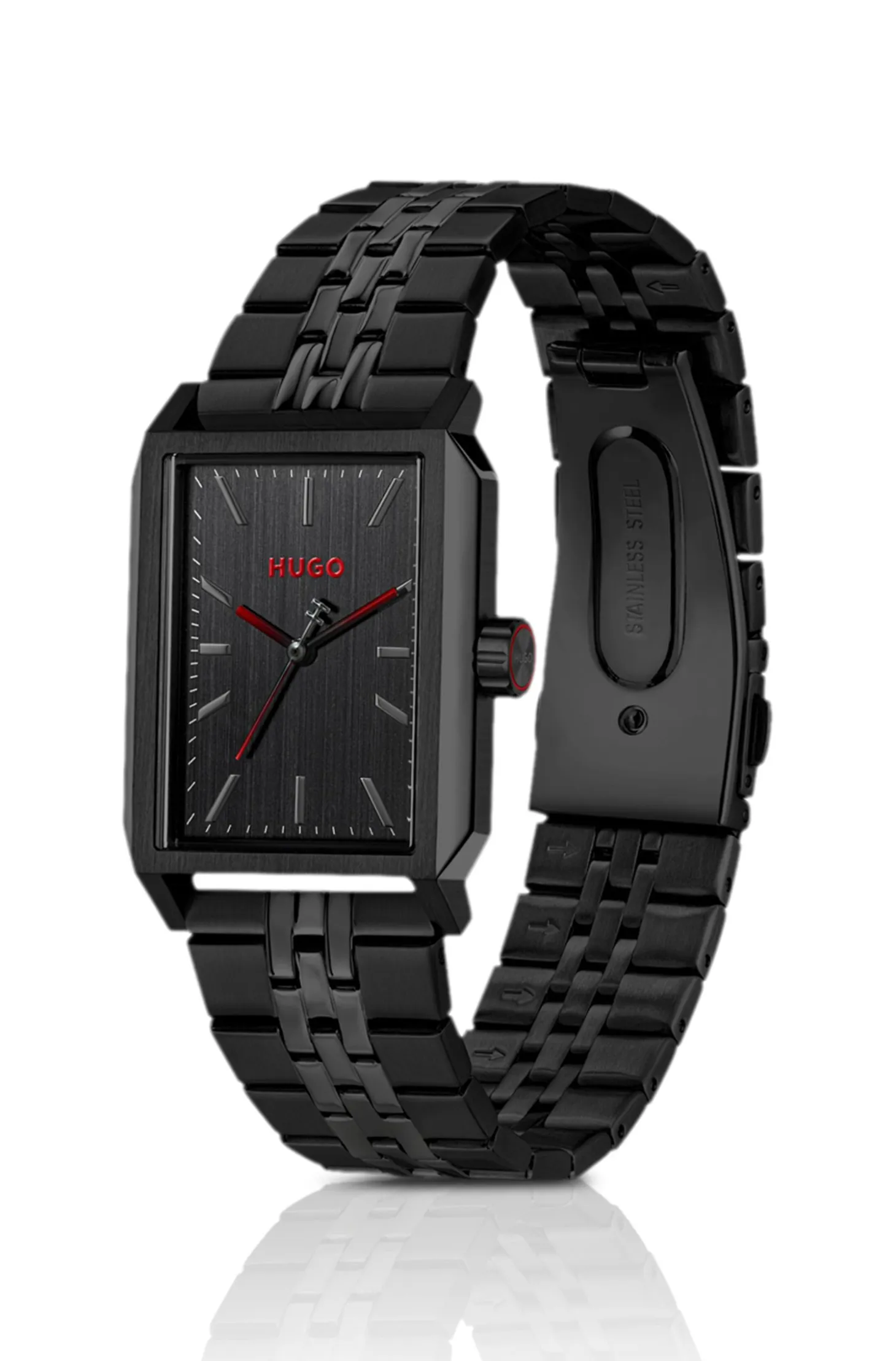 #Steeze rectangular black-plated watch with black dial