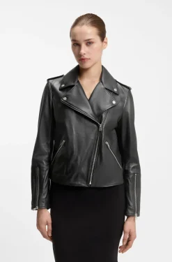 Straight-fit biker jacket in leather with zipped details