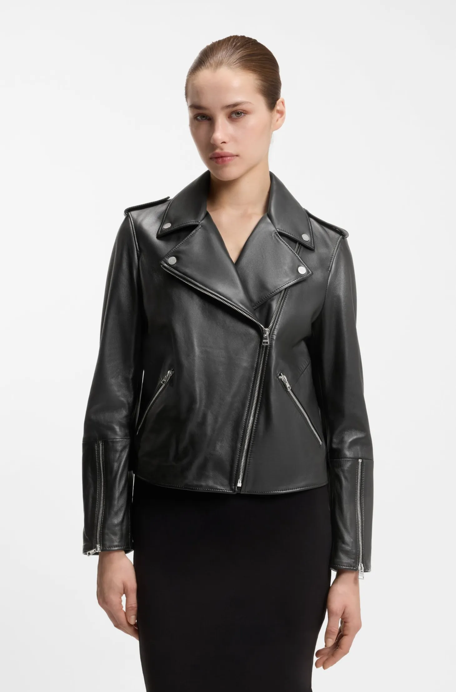 Straight-fit biker jacket in leather with zipped details
