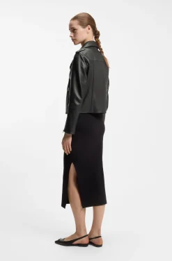 Straight-fit biker jacket in leather with zipped details