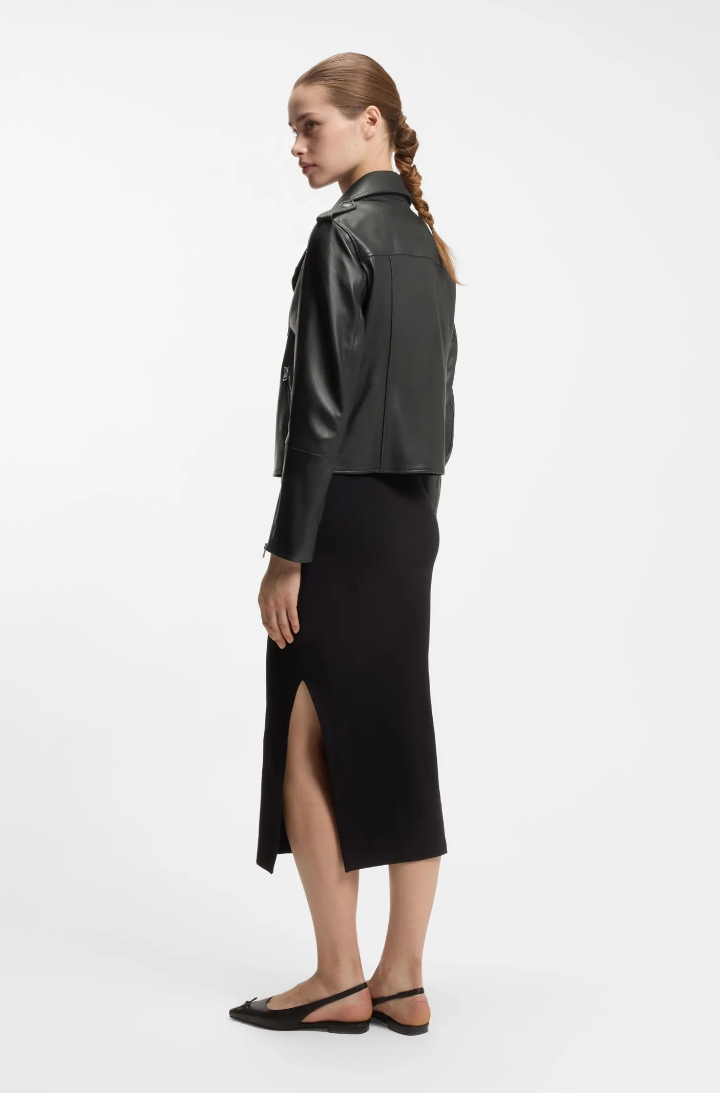 Straight-fit biker jacket in leather with zipped details