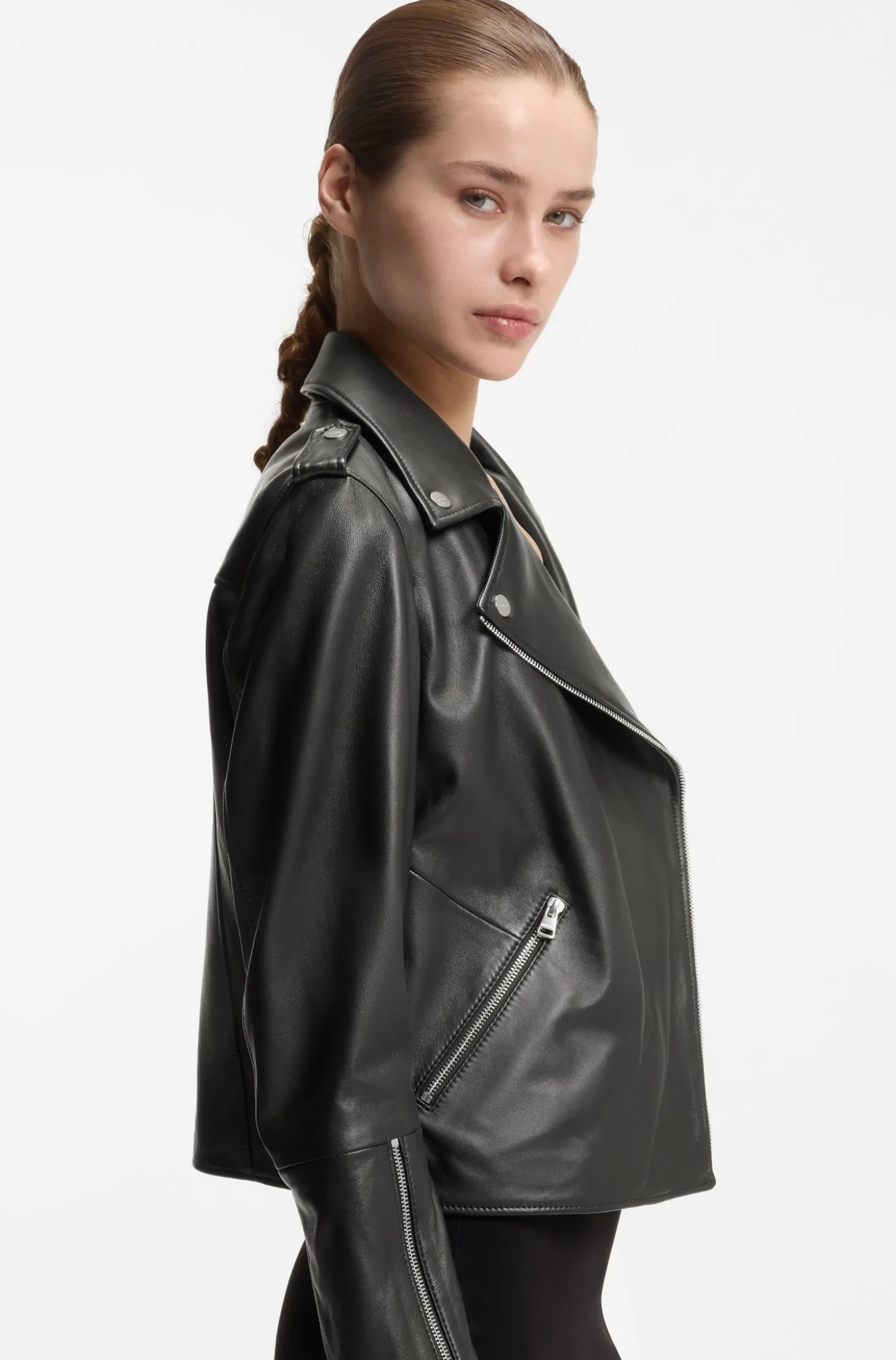 Straight-fit biker jacket in leather with zipped details