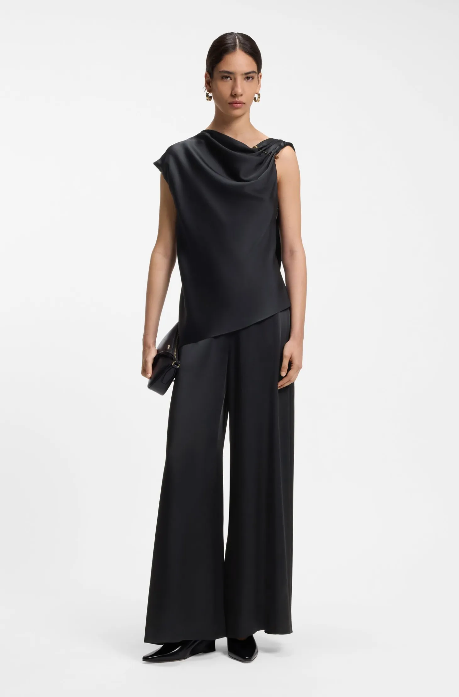 Straight-leg jumpsuit with pin and gathered detail