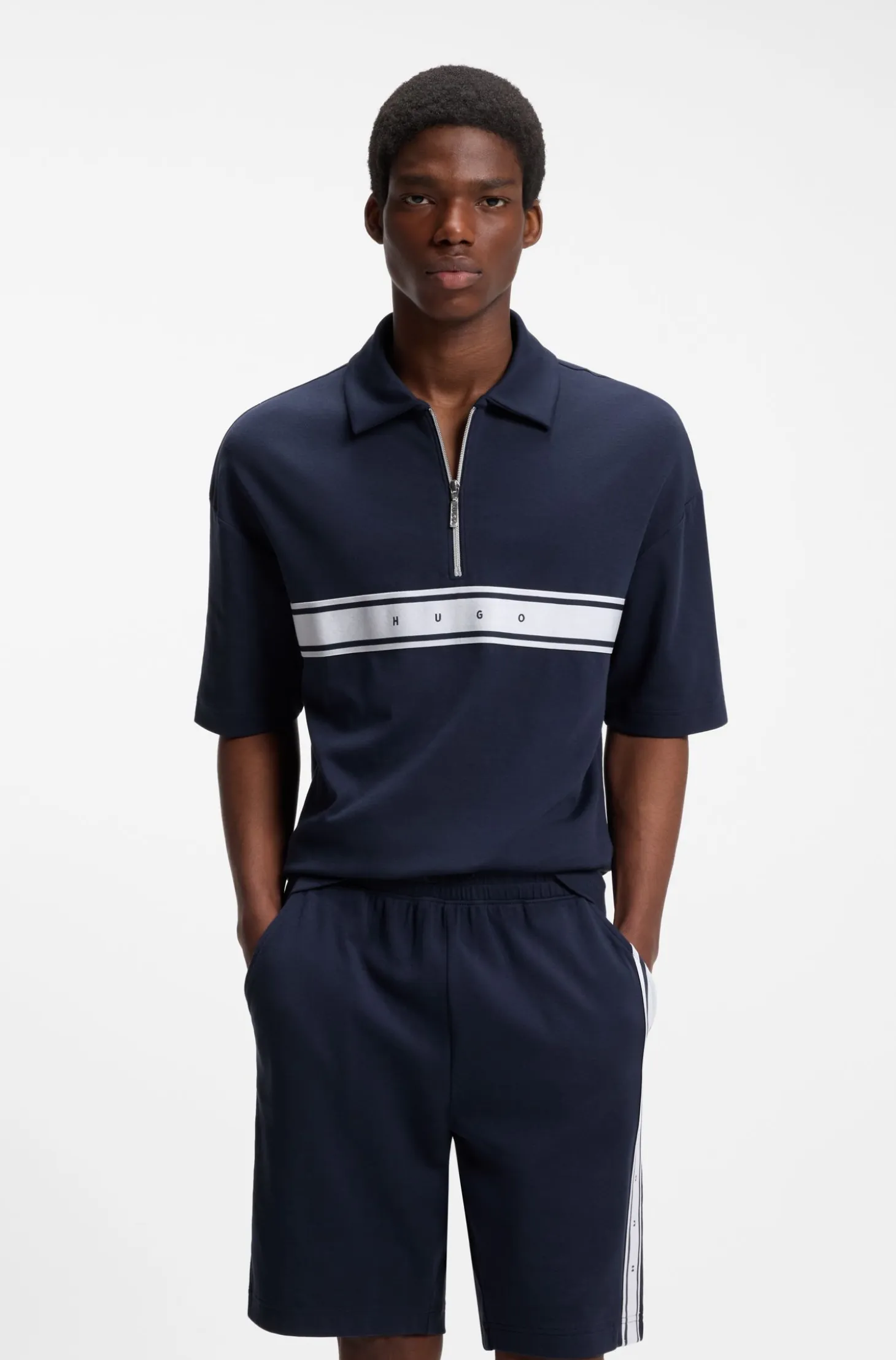 Stretch-cotton polo shirt with logo tape