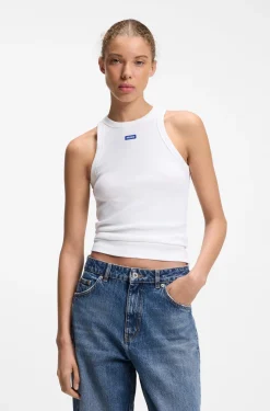 Stretch-cotton tank top with blue logo label