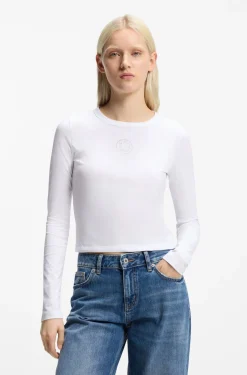 Stretch-cotton top with rhinestone Happy HUGO logo