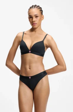 Stretch fabric triangle bra with branded straps