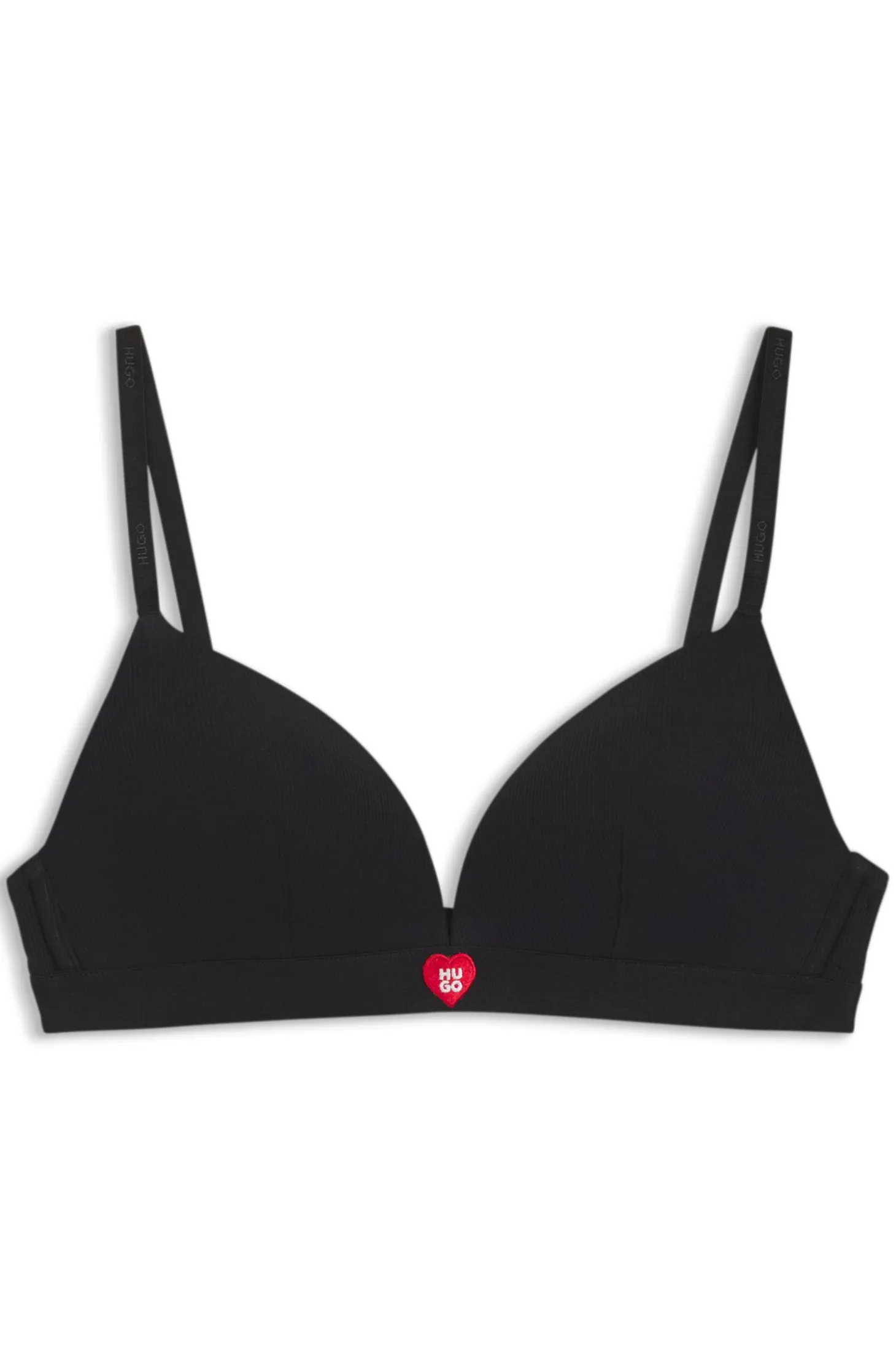 Stretch fabric triangle bra with branded straps