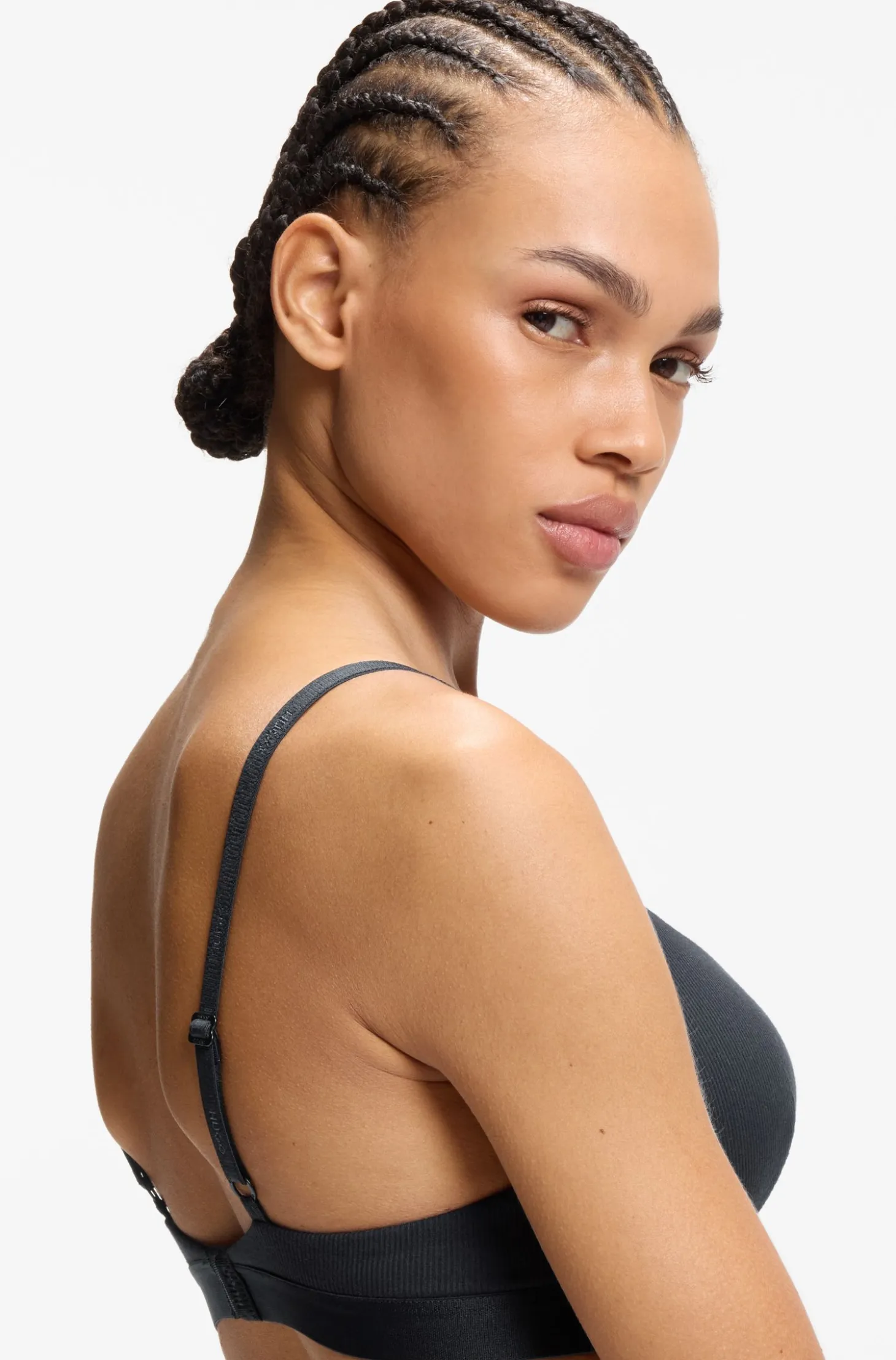 Stretch fabric triangle bra with branded straps