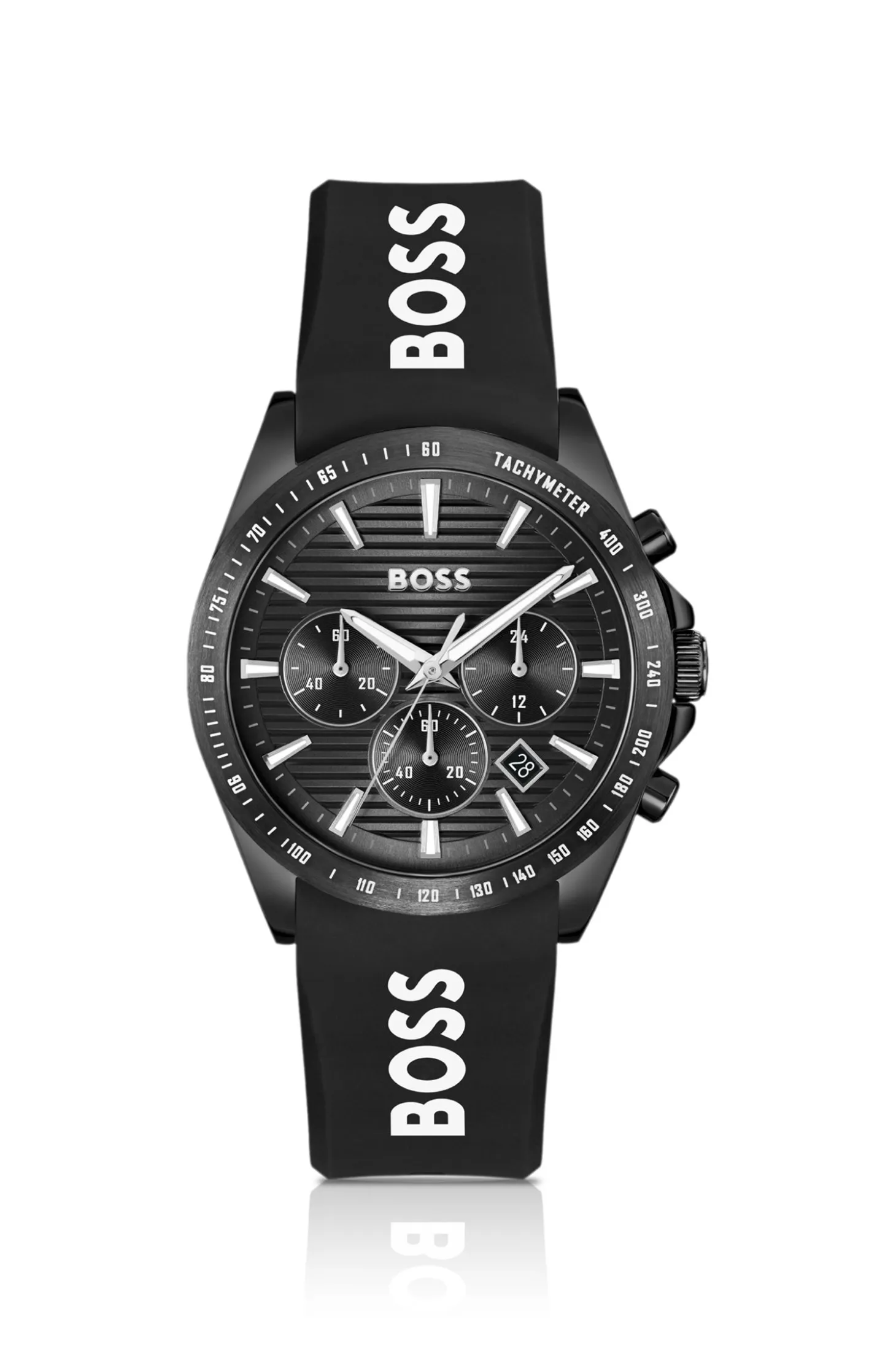 Strike Black-dial chronograph watch with silicone logo strap